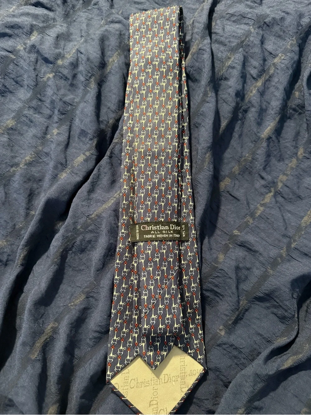 Dior Navy Silk Tie with Red & Cream Bit-Chain Motif